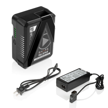Une batterie lithium-ion rechargeable Full Play 14,8 V 98 Wh à monture en V avec chargeur de voyage portable Full Play D-Tap