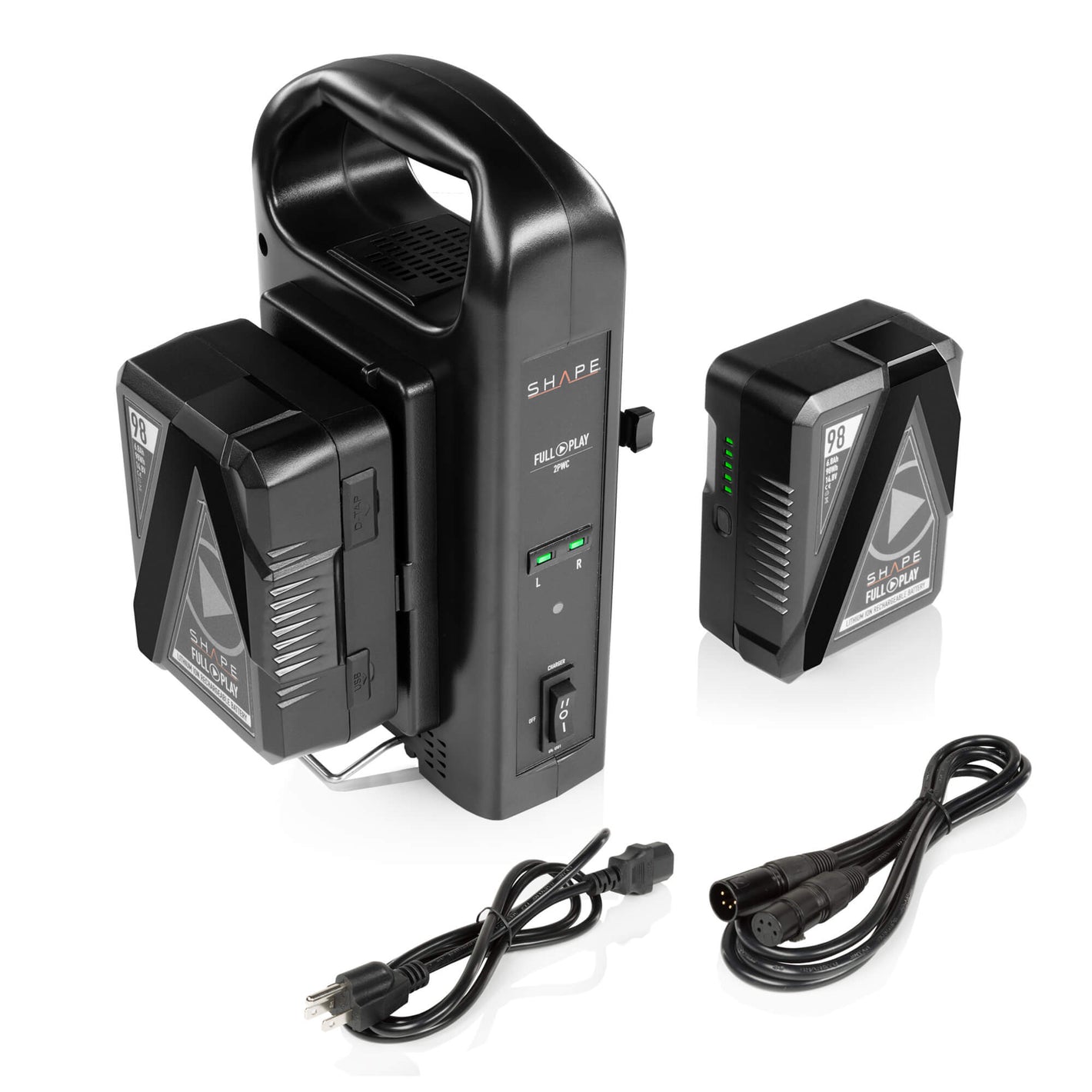 Two Full Play 14.8V 98Wh Rechargeable Lithium-Ion V-Mount Batteries with Full Play Intelligent Dual V-Mount Battery Charger