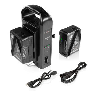 Two Full Play 14.8V 98Wh Rechargeable Lithium-Ion V-Mount Batteries with Full Play Intelligent Dual V-Mount Battery Charger
